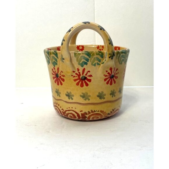 Vintage Handpainted Italian Ceramic Planter With Floral Design & Handles - Picture 2 of 6